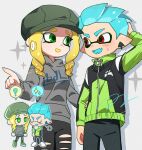  1boy 1girl ? arm_behind_head black_jacket black_pants blonde_hair blue_hair blush chibi chibi_inset closed_eyes closed_mouth commentary green_eyes green_headwear green_jacket grey_background grey_hoodie hat hg_swdiary highres hood hoodie inkling inkling_boy inkling_girl inkling_player_character jacket long_hair multicolored_clothes multicolored_jacket open_mouth pants pointing pointy_ears print_hoodie red_eyes short_hair simple_background smile splatoon_(series) spoken_question_mark spoken_sparkle standing sweat symbol-only_commentary tentacle_hair thick_eyebrows torn_clothes torn_pants two-tone_jacket zipper zipper_pull_tab 