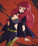  1girl black_cape bodysuit cape choker clothing_cutout facial_mark fire_emblem fire_emblem_engage gold_belt hair_ornament multicolored_cape multicolored_clothes oda32t pink_choker purple_bodysuit red_eyes red_hair side_cutout star_(symbol) star_facial_mark star_hair_ornament two-tone_cape yunaka_(fire_emblem) 