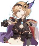  1girl arm_at_side black_gloves blonde_hair breasts brown_eyes brown_shirt cleavage_cutout cloak clothing_cutout conqueror_of_the_eternals crop_top djeeta_(granblue_fantasy) earrings elbow_gloves gloves granblue_fantasy hairband hashibiro_kou_(garapiko_p) hood hooded_cloak jewelry looking_to_the_side medium_breasts midriff navel outstretched_arm parted_lips shirt short_hair simple_background solo stud_earrings turtleneck upper_body white_background 