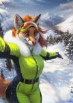 anthro canid canine clothing female fox green_clothing green_suit grey_eyes hair hi_res jumpsuit long_hair looking_at_viewer lostgoose mammal mask mountain orange_hair plant selfie snow snow_on_fur solo suit tree