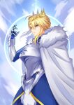  1girl absurdres ahoge armor armored_dress artoria_pendragon_(fate) artoria_pendragon_(lancer)_(fate) blonde_hair blue_dress blue_sky braid breastplate breasts cape crown dress fate/grand_order fate_(series) faulds french_braid fur-trimmed_cape fur_trim gauntlets green_eyes hair_between_eyes highres kurosaki_saya large_breasts long_hair looking_at_viewer revision sidelocks sky solo white_cape 