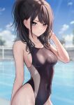  1girl bare_arms bare_shoulders black_hair black_one-piece_swimsuit blue_eyes blurry blurry_background blush breasts cloud commentary_request competition_swimsuit covered_navel cowboy_shot day depth_of_field hair_between_eyes hand_up highleg highleg_swimsuit highres idolmaster idolmaster_shiny_colors kazano_hiori long_hair looking_at_viewer marinesnow medium_breasts mole mole_under_mouth one-piece_swimsuit outdoors ponytail pool poolside revision sidelocks smile solo standing sunlight swimsuit upper_body wet wet_clothes wet_swimsuit 