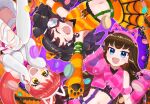  3girls :d animal_ear_hairband animal_ears animal_hands black_hair blue_eyes blurry blurry_foreground blush brown_hair cat_ear_hairband cat_ears circle_formation claws crop_top facing_viewer fake_animal_ears fang fangs flat_chest food from_above fur_gloves fur_scarf fur_skirt gaaruru_(pripara) gloves hairband halloween_costume hand_up hands_on_own_cheeks hands_on_own_face hands_up jinno_(jin_c_kkry) knees_up kurosu_aroma long_hair looking_at_viewer lying macaron midriff multiple_girls on_back open_mouth orange_gloves orange_hairband orange_skirt paw_gloves pink_hairband pink_scarf ponytail pretty_series pripara red_hair scarf shiratama_mikan skirt smile suspenders twintails white_gloves white_hairband yellow_eyes 