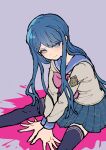  1girl absurdres black_thighhighs blood blue_eyes blue_hair blue_sailor_collar bow bowtie closed_mouth danganronpa:_trigger_happy_havoc danganronpa_(series) grey_shirt hair_ornament hairclip hands_on_ground highres legs_apart long_hair long_sleeves looking_at_viewer maizono_sayaka pink_blood pink_bow pink_bowtie plaid plaid_skirt pleated_skirt sailor_collar shirt sitting skirt solo thighhighs youko-shima 