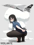  1girl a-5_vigilante aircraft airplane atamonica black_hair blush commentary fighter_jet frown full_body glasses grey_eyes id_card jet looking_at_viewer military_vehicle no_shoes original pencil_skirt skirt solo squatting 