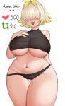  1girl absurdres belly blonde_hair blush breasts crop_top crop_top_overhang curvy elegg_(nikke) eppols_art goddess_of_victory:_nikke hair_over_eyes highres large_breasts long_bangs navel open_mouth panties short_hair smile solo stomach underwear undressing 