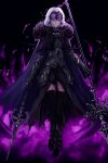  1girl armor black_background black_thighhighs cape chain closed_mouth dual_wielding expressionless fate/samurai_remnant fate_(series) fire full_body fur-trimmed_cape fur_trim gauntlets headpiece highres holding holding_polearm holding_weapon jeanne_d&#039;arc_alter_(fate) jeanne_d&#039;arc_alter_(lancer)_(fate) long_sleeves looking_down mz6gp polearm purple_cape purple_fire sabaton short_hair solo thighhighs twitter_username weapon white_hair 
