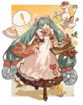  ! 1girl :o absurdres alternate_costume apron aqua_eyes aqua_hair bow creature dropping food hair_bow hair_ornament hands_up hatsune_miku highres holding holding_plate japanese_clothes kimono long_hair long_sleeves maid_apron mento multicolored_clothes multicolored_kimono noodles open_mouth plate ramen red_pupils solo spoken_exclamation_mark teeth tongue twintails upper_teeth_only very_long_hair vocaloid wide_sleeves 
