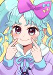  1girl blue_hair blue_ribbon blush bow closed_mouth fingers_to_cheeks hair_bow hands_up hood hoodie idol_land_pripara index_fingers_raised jinno_(jin_c_kkry) katasumi_amari long_hair long_sleeves looking_at_viewer nervous_smile pink_bow pretty_series pripara purple_eyes purple_hoodie ribbon smile solo sweater twintails upper_body yellow_background 