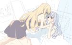  2girls all_fours arm_at_side assault_lily bangs bare_arms bare_shoulders bed blonde_hair blunt_bangs blush breasts brown_dress cleavage commentary_request danji_(danji_bang) dress eye_contact frilled_pillow frills girl_on_top grey_hair hair_down hand_grab hand_on_another&#039;s_cheek hand_on_another&#039;s_face hand_up highres indoors kon_kanaho korean_commentary long_hair looking_at_another lying medium_breasts miyagawa_takane multiple_girls naughty_face nightgown on_back on_bed parted_lips partially_colored pillow profile purple_eyes sketch sleeveless sleeveless_dress smile spaghetti_strap strap_slip sweatdrop transparent unfinished unfinished_background very_long_hair wavy_hair white_background white_dress yellow_eyes yuri 