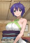  1girl bare_shoulders breasts carrying collarbone dress fairy_tail folded_clothes gaston18 green_dress green_eyes highres indoors kinana_(fairy_tail) large_breasts looking_at_viewer purple_hair short_hair sideboob smile solo two-tone_dress upper_body white_dress 