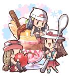  3girls :d beanie black_hair brown_eyes brown_hair cherry chibi closed_mouth cup dawn_(pokemon) eyewear_on_headwear floral_background food fruit glass hat holding holding_spoon leaf_(pokemon) medium_hair multiple_girls ngo_(ngo_hotategoya) parfait pokemon pokemon_dppt pokemon_frlg pokemon_platinum pokemon_xy pudding red_headwear red_skirt serena_(pokemon) sitting skirt smile spoon standing strawberry sunglasses wafer_stick white-framed_eyewear white_headwear 