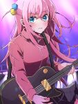  1girl absurdres bangs black_skirt blue_eyes blush bocchi_the_rock! cowboy_shot cube_hair_ornament electric_guitar gibson_les_paul gotou_hitori guitar hair_ornament high_collar highres instrument jacket lights long_hair looking_at_viewer music pants parted_lips pink_hair pink_jacket pink_pants playing_instrument pleated_skirt skirt solo sweat track_jacket track_pants wano_(azayakam) 