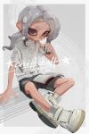  1boy black_shorts book border cigarette closed_mouth commentary_request cross-laced_footwear cyrenaci eyebrow_cut full_body grey_background grey_hair highres holding holding_lighter lighter long_hair low_ponytail male_focus octoling octoling_boy octoling_player_character open_book outside_border red_eyes shoes shorts sitting solo splatoon_(series) splatoon_3 tentacle_hair white_border white_footwear 