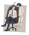  2boys ahoge black_hair black_pants black_socks border chair collared_shirt commentary_request crossed_legs danganronpa_(series) danganronpa_v3:_killing_harmony dated flipped_hair formal full_body hair_between_eyes heart highres loafers looking_at_another male_focus multiple_boys necktie office_chair oma_kokichi outside_border pants purple_eyes saihara_shuichi shirt shoes short_hair simple_background sitting smile socks standing swivel_chair white_footwear white_pants white_shirt yamaikana yaoi yellow_eyes 