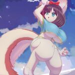  2022 accessory anthro big_breasts bottomwear braless breasts brown_hair clothed clothing duel_monster ebino_senaka fairy_tail-snow female fur hair hair_accessory hair_ribbon hi_res konami mammal red_hair ribbons rodent sciurid shorts solo topwear tree_squirrel under_boob white_body white_fur yu-gi-oh! 