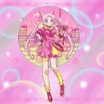  1girl artist_name bishoujo_senshi_sailor_moon chibi_usa city commission cure_nico earrings heart highres jewelry open_mouth pink_background pink_footwear pink_hair pink_skirt retro_artstyle sailor_chibi_moon sailor_collar skirt solo sword tokyo_tower weapon 