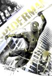  1boy animal_print artist_name bodysuit cityscape english_text greyscale_with_colored_background highres male_focus marvel simple_background solo spider-man spider-man_(series) spider_print superhero_costume swinging zee_delgado 