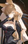  1girl absurdres animal_ears arknights black_dress black_gloves blonde_hair breasts cleavage dorothy_(arknights) dorothy_(hand_of_destiny)_(arknights) dress gloves hand_on_own_face highres jewelry jinsei_tsuraiman long_hair necklace pearl_necklace ring veil yellow_eyes 