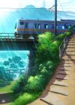 blush commentary_request day grass ground_vehicle highres mountain mugumo_24k no_humans original outdoors power_lines railing scenery stairs torii train transmission_tower tree utility_pole 