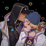  1boy 1girl apex_legends baseball_cap beanie black_background black_gloves black_headwear black_jacket black_shirt blonde_hair blue_eyes blue_headwear bow crypto_(apex_legends) electric_incognito_wattson english_commentary fingerless_gloves gloves hat heart hetero hood hood_up hooded_jacket jacket kiss kissing_forehead low_profile_crypto namjak nessie_(respawn) official_alternate_costume open_mouth red_bow scar scar_on_cheek scar_on_face shirt short_hair stuffed_toy surprised white_jacket 