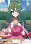  1girl absurdres closed_mouth commentary cup english_commentary fire_emblem fire_emblem:_mystery_of_the_emblem fire_emblem:_three_houses flower food green_eyes green_hair high_ponytail highres holding holding_cup long_pointy_ears looking_at_viewer macaron outdoors plate pointy_ears red_flower red_rose rose scrimblocrimbo short_hair smile solo teacup teapot tiara tiki_(fire_emblem) tiki_(young)_(fire_emblem) 