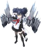  1girl apron asymmetrical_legwear azur_lane black_dress black_footwear black_pantyhose black_skirt black_thighhighs blue_hair boots bullet double_bun dress frilled_apron frilled_sleeves frills graffiti grey_hair gun hair_bun heart holding holding_gun holding_weapon long_sleeves looking_at_viewer mismatched_legwear multicolored_hair neckerchief northern_parliament_(emblem) official_art open_mouth paint_splatter pantyhose pioneer_neckerchief pleated_skirt ppsh-41 red_neckerchief rigging school_uniform single_leg_pantyhose single_thighhigh skirt smile solo soviet_school_uniform streaked_hair submachine_gun svirepy_(azur_lane) thighhighs torpedo_tubes transparent_background weapon yellow_eyes 