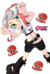  1girl belt bike_shorts black_shorts boots brown_footwear closed_mouth commentary_request crop_top cross-laced_footwear goggles green_eyes highres looking_at_viewer medium_hair navel octoling octoling_girl octoling_player_character octopus raikado red_hair shorts simple_background smile solo splatoon_(series) splatoon_3 tentacle_hair white_background 
