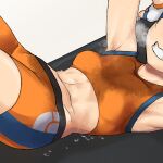  1girl armpits arms_up battle_girl_(pokemon) bench blue_hair breasts breath clenched_teeth close-up commission dripping exercise fingerless_gloves gloves heavy_breathing highres lying midriff on_back on_bench pokemon pokemon_(game) pokemon_oras simple_background small_breasts sports_bra sportswear stained_clothes steam sweat sweating_profusely sweaty_clothes teeth training translation_request white_background yachi_(fujiyasu0616) 