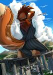  2022 absurd_res anthro butt canid canine city clothing cloud dialogue digital_media_(artwork) english_text female fur giga hi_res kneeling looking_back looking_down macro mammal notbad621 sky skyscraper suit text wind 
