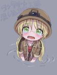  1girl absurdres blonde_hair blush brown_headwear brown_jacket commentary_request crying crying_with_eyes_open despair glasses green_eyes green_pupils grey_background headlamp helmet highres jacket long_hair looking_at_viewer made_in_abyss open_mouth riko_(made_in_abyss) ripples sekaineko_001 short_sleeves simple_background solo tears translation_request trapped twintails upper_body wet_cement 