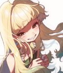  1girl amazuore blonde_hair blush choppy_bangs collarbone dated_commentary eko_(fumetsu_no_anata_e) floating_hair from_above fumetsu_no_anata_e grin happy highres long_hair looking_at_viewer looking_up own_hands_together sharp_teeth simple_background smile solo teeth upper_body white_background 