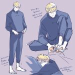  1boy barefoot black_pants black_sweater blonde_hair casual clipping_nails expressionless face_in_pillow full_body glasses holding jujutsu_kaisen male_focus nail_clippers nanami_kento pants pillow short_hair sitting solo standing sweater sweatpants upper_body ykrrr23 