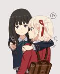  ! !? 2girls ? aiming aiming_at_viewer black_hair blonde_hair blue_dress blush bob_cut brown_bag closed_mouth commentary_request dress expressionless green_ribbon gun hair_ribbon handgun highres holding holding_gun holding_weapon hug inoue_takina long_hair looking_at_viewer lycoris_recoil lycoris_uniform multiple_girls neck_ribbon nishikigi_chisato purple_eyes red_dress red_eyes red_ribbon ribbon short_hair simple_background split_mouth spoken_exclamation_mark spoken_question_mark surprised upper_body wataame_(i20cd9kpqn98580) weapon white_background yuri 