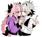  2boys astolfo_(fate) astolfo_(memories_at_trifas)_(fate) black_bow black_vest blush bow braid buttons candy cheek-to-cheek command_spell dress_shirt fang fate/apocrypha fate_(series) flying_sweatdrops food grey_hair hair_between_eyes hair_bow hair_intakes haoro heads_together heart holding holding_candy holding_food holding_hands holding_lollipop hood hooded_jacket jacket licking lollipop long_braid long_hair male_focus multiple_boys one_eye_closed purple_eyes purple_jacket red_eyes sharing_food shirt short_hair sieg_(fate) simple_background single_braid skin_fang smile sweatdrop tongue tongue_out upper_body vest white_background white_shirt yaoi 