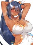  1girl absurdres animal_ears armpits arms_up bare_shoulders black_hair blue_nails blush breasts cherry_blossoms cleavage commentary_request dark-skinned_female dark_skin dress ear_covers fang gem gold_bracelet gold_necklace hair_between_eyes highres hishi_amazon_(hungry_veil)_(umamusume) hishi_amazon_(umamusume) horse_ears horse_girl jewelry kshimu long_hair medium_breasts necklace nontraditional_wedding_dress official_alternate_costume ponytail red_eyes simple_background smile solo umamusume upper_body very_long_hair wedding_dress white_background white_dress 