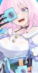  1girl :d absurdres bare_shoulders black_choker black_gloves blue_eyes breasts camera choker commentary_request gloves highres holding holding_camera honkai:_star_rail honkai_(series) looking_at_viewer march_7th_(honkai:_star_rail) medium_breasts off-shoulder_shirt off_shoulder open_mouth pink_hair purple_eyes shirt smile solo two-tone_eyes upper_body vialle white_shirt 