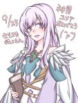  1girl book circlet dress fire_emblem fire_emblem:_genealogy_of_the_holy_war fire_emblem_heroes holding holding_book julia_(fire_emblem) julia_(resplendent)_(fire_emblem) long_hair looking_at_viewer natuka-oekaki official_alternate_costume open_mouth purple_eyes purple_hair simple_background smile solo upper_body white_background 