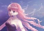  1girl absurdres arm_tattoo black_dress blunt_bangs braid cloud commentary_request dress drill_hair eyelashes floating_hair ghost half_updo highres long_hair one_piece open_mouth perona pink_eyes pink_hair sizukawatanuk1 smile solo strapless strapless_dress tattoo 