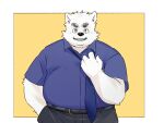 2024 anthro bottomwear canid canine canis clothing domestic_dog hi_res humanoid_hands inunoshippo kemono male mammal necktie overweight overweight_male pants shirt simple_background solo topwear