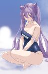  1girl bare_legs bare_shoulders barefoot blue_one-piece_swimsuit candy_shunya clothes_writing commentary_request cone_hair_bun genshin_impact hair_bun highres keqing_(genshin_impact) long_hair looking_at_viewer one-piece_swimsuit purple_eyes purple_hair sitting solo strap_slip swimsuit thighs twintails very_long_hair 