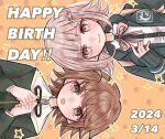  1boy 1girl :d :o black_jacket brown_hair closed_mouth danganronpa:_trigger_happy_havoc danganronpa_(series) danganronpa_2:_goodbye_despair dated fujisaki_chihiro green_jacket hand_up hands_up happy_birthday highres jacket long_sleeves looking_at_viewer medium_hair mugi_cha_(mg_sbci) nanami_chiaki neck_ribbon open_clothes open_jacket orange_background own_hands_together pink_eyes pink_ribbon ribbon short_hair smile teeth upper_teeth_only 