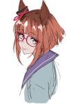  1girl absurdres animal_ears brown_hair danboru_(jdanboru1182) ear_ornament glasses highres horse_ears horse_girl long_sleeves looking_at_viewer medium_hair multicolored_hair red-framed_eyewear red_eyes short_hair simple_background smile solo tongue tongue_out transcend_(umamusume) umamusume white_background white_hair 