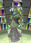 anthro breasts clothed clothing digital_media_(artwork) female fur grey_body grey_fur hair headgear headwear hi_res humanoid itzimiau jewelry looking_at_viewer mammal mineru narrowed_eyes nintendo open_mouth simple_background solo tears_of_the_kingdom the_legend_of_zelda third_eye_closed white_hair zonai