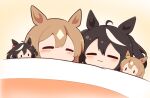  2girls :3 =_= ahoge animal_ears black_hair blush_stickers brown_background brown_hair character_doll chibi closed_eyes closed_mouth facing_viewer gomashio_(goma_feet) horse_ears kitasan_black_(umamusume) multicolored_hair multiple_girls satono_diamond_(umamusume) simple_background streaked_hair two-tone_hair two_side_up umamusume under_covers white_hair |_| 