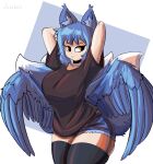 4_tails :&gt; abstract_background absurd_res animal_humanoid artist_name back_wings big_breasts black_choker black_clothing black_jewelry black_legwear black_necklace black_shirt black_stockings black_thigh_highs black_topwear blue_body blue_bottomwear blue_clothing blue_feathers blue_fur blue_hair blue_shorts bottomwear breasts canid canid_humanoid canine canine_humanoid choker clothed clothing curvy_figure cutoffs denim denim_bottomwear denim_clothing digital_media_(artwork) dipstick_tail eyebrow_through_hair eyebrows feathered_wings feathers fox_humanoid fully_clothed fur hair hands_behind_head hi_res hourglass_figure huge_breasts humanoid inner_ear_fluff jewelry justbirb legwear mammal mammal_humanoid markings multi_tail multicolored_body necklace noblestruck portrait shirt shorts small_waist solo squish standing stockings tail tail_markings tan_body tan_skin thick_thighs thigh_highs thigh_squish three-quarter_portrait three-quarter_view topwear translucent translucent_hair tuft white_body white_fur wide_hips winged_humanoid wings yellow_eyes