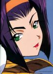  1girl blue_background cowboy_bebop faye_valentine green_eyes hairband highres lipstick makeup official_art orange_hairband portrait purple_hair short_hair simple_background smile 