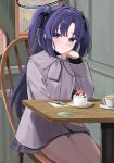  1girl alternate_costume black_halo blue_archive blue_eyes blue_hair blush closed_mouth commentary_request cup dress elbow_on_table fork grey_dress halo head_rest highres indoors kongonarika_(harunari128) long_hair long_sleeves looking_at_viewer on_chair parted_bangs plate shortcake smile solo table triangle_hair_ornament two_side_up yuuka_(blue_archive) 