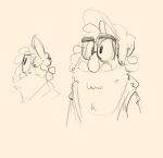 2022 anthro bugsnax clothing digital_media_(artwork) eyewear fur glasses grumpus hair hat headgear headwear hi_res male monochrome portrait scruffy shaibey shirt side_view sketch smile snorpington_fizzlebean solo tank_top teeth three-quarter_portrait topwear young_horses