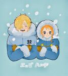  1boy 1girl blonde_hair blue_background blue_coat blush closed_mouth coat commentary curly_eyebrows facial_hair gloves goatee hair_over_one_eye heart highres hood hooded_coat long_hair mustache_stubble nami_(one_piece) one_piece orange_hair sanji_(one_piece) short_hair sidelocks smile smoke_heart snow stubble upper_body yuu_(q_u_u_p) 